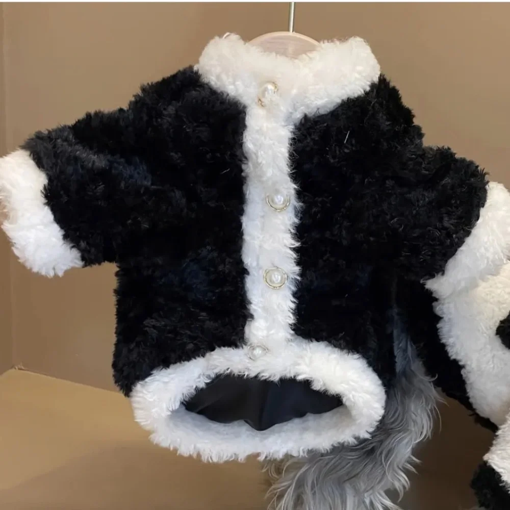 Chic Elegant Classy Classic Lux Faux Fur Pearl Black White Dog Coat